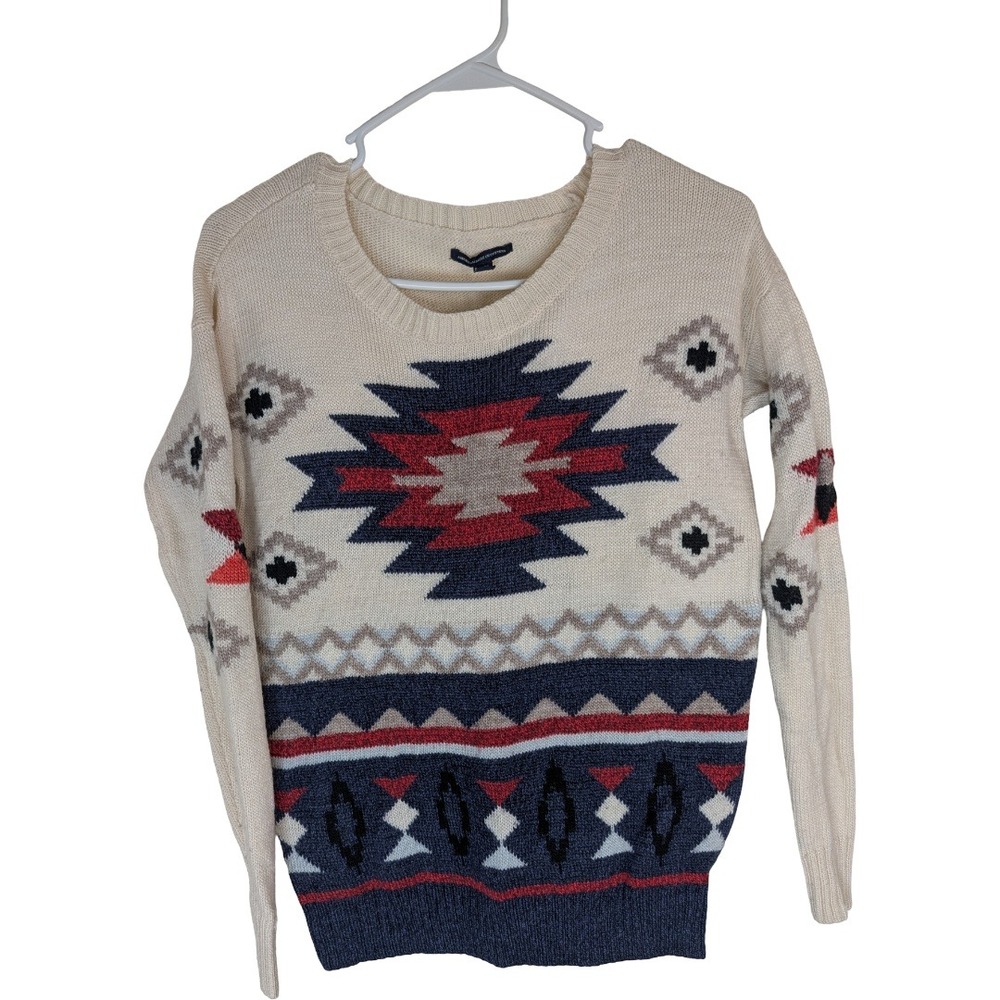American Eagle Sweater Womens XS Cream Blue Aztec Southwestern Wool Blend Chunky